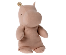 Load image into Gallery viewer, Maileg small Safari Friends hippo in soft rose, sitting upright with floral-lined ears and a rounded snout.
