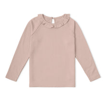 Load image into Gallery viewer, A long-sleeve baby top in dusty rose pink, featuring a ruffled collar and raglan sleeves, laid flat against a white background.