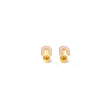 Load image into Gallery viewer, Pair of gold-tone horseshoe stud earrings with pale pink detailing, showing the posts and round flat backs on a white background.