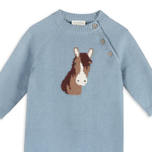 Load image into Gallery viewer, Blue sweater with a horse design on a white background