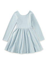 Load image into Gallery viewer, A light blue long-sleeve dress with a gathered waist and flared skirt, shown flat against a white background.