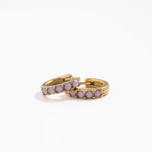Load image into Gallery viewer, Gold-tone pink opal hoop earrings overlapping on a white background, showing the stones and hinged closures.