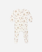 Load image into Gallery viewer, Cream baby footie with a holiday toy print, long sleeves, enclosed feet, and a zipper from neckline to ankle.