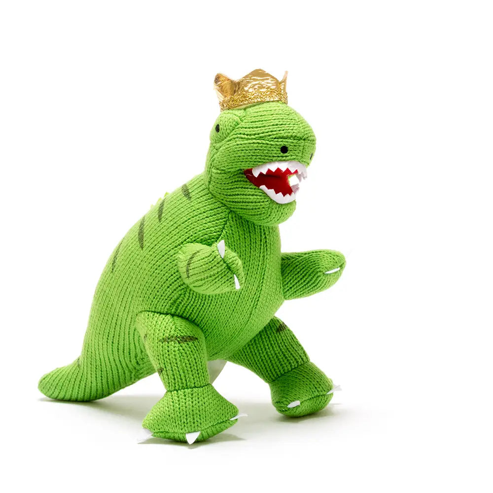 Knitted King T Rex Dinosaur With Crown Green Plush Toy