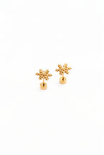 Load image into Gallery viewer, Pair of gold-tone snowflake stud earrings showing the six-point designs, posts, and round flat backs on a white background.