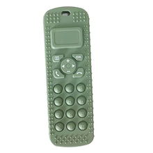 Load image into Gallery viewer, Green teether in the shape of a TV remote. Shown on a white background.