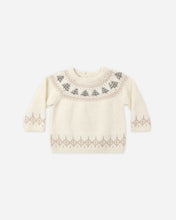 Load image into Gallery viewer, Cream knit sweater with gray tree Fair Isle detailing around the neckline and patterned cuffs and hem.
