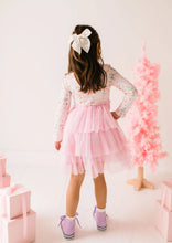 Load image into Gallery viewer, Full-length back view of the Sugar Plum dress, showing the scooped back neckline and tiered pink tulle skirt.