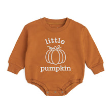 Load image into Gallery viewer, A baby long-sleeve romper in burnt orange with a white graphic print that reads 'little pumpkin' and shows a simple pumpkin illustration, laid flat on a white background.
