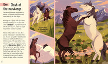 Load image into Gallery viewer, Illustrated book page about horses with two horses facing each other in a mountainous landscape.