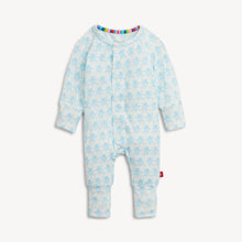 Load image into Gallery viewer, A baby long-sleeve footless one-piece romper in white with a light blue floral pattern, featuring a colorful striped inner neck trim and a small red tag on the leg.