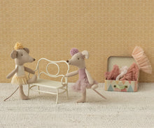 Load image into Gallery viewer, Two toy mice with a chair and box on a textured surface with patterned wall background