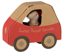 Load image into Gallery viewer, Little Sister Christmas mouse peeking through the window of a red and tan car box labeled “Santa’s Parcel Service.”