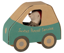 Load image into Gallery viewer, Little Brother Christmas mouse peeking through the window of a teal and tan car box labeled “Santa’s Parcel Service.”