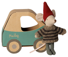 Load image into Gallery viewer, Maileg Little Brother Christmas mouse in a red pixy hat and striped knit sweater standing beside his teal car-shaped box.