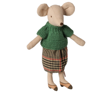 Load image into Gallery viewer, Maileg Grandma Mouse wearing a green knitted blouse, checked skirt, and tan heels with dark toes.