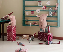 Load image into Gallery viewer, Miniature ocher sofa with a resting mouse in a Christmas display surrounded by plush pigs, elves, and wrapped gifts.