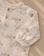 Load image into Gallery viewer, Henley Jumpsuit in Kitties, close-up of the kitten print and buttons