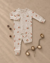 Load image into Gallery viewer, Organic Long John Pajamas in Gnome Village, laid flat with holiday ornaments