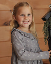 Load image into Gallery viewer, Ruffle Collar Dress in Slate Bloom on a smiling girl, front view