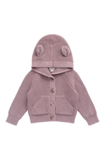 Load image into Gallery viewer, A dusty pink knit hooded cardigan for toddlers, featuring a hood with two small ear details, three front buttons, and front patch pockets, shown on a plain white background.