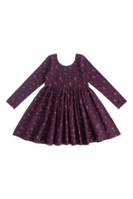 Load image into Gallery viewer, A long-sleeve toddler dress in deep plum purple with a small gold floral pattern, featuring a gathered waist and flared skirt, shown flat on a white background.