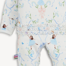 Load image into Gallery viewer, Close-up of the footie’s ruffled seat with blue-dressed ballerinas, pink bows, and delicate flowers.