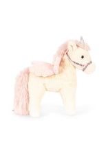 Load image into Gallery viewer, A plush unicorn toy with a cream-colored body, light pink mane and tail, small pink wings, and a sparkly pink and silver halter with a horn on a white background.