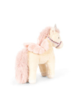 Load image into Gallery viewer, A plush unicorn toy with a cream-colored body, soft pink mane and tail, and a small silver horn, shown on a plain white background.