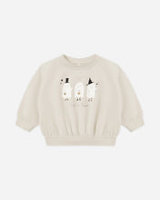 Load image into Gallery viewer, A cream-colored long-sleeve sweatshirt featuring a graphic of three cartoon ghosts wearing black top hats and a witch hat, with the text 'Think of trees' printed below them.