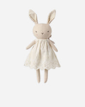 Load image into Gallery viewer, Rylee + Cru Rylee the Rabbit doll with upright ears, embroidered features, and a cream eyelet dress with a scalloped hem.