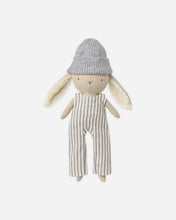 Load image into Gallery viewer, Rylee + Cru Ryder the Rabbit doll with floppy ears, a gray knit beanie, and striped overalls with a front pocket