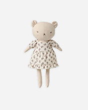 Load image into Gallery viewer, Rylee + Cru Bonnie the Bear doll with embroidered features and a cream floral dress with puff sleeves and a ruffled hem.