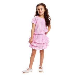 Smocked Top And Tiered Shirt Set - Pink Striped