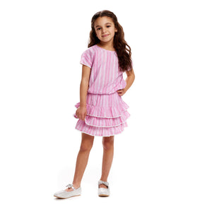 Smocked Top And Tiered Shirt Set - Pink Striped