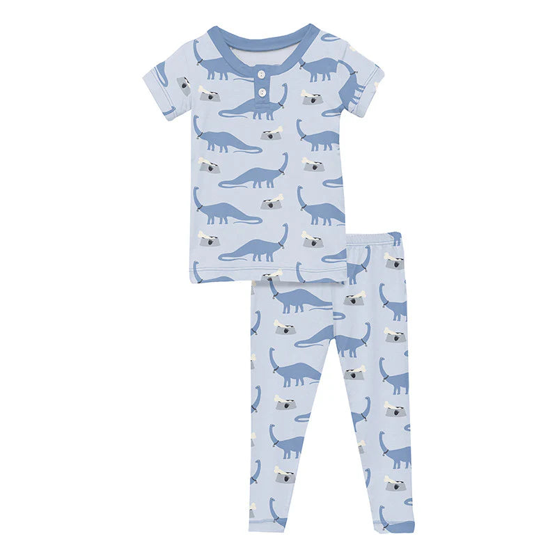 Print Short Sleeve Henley Pajama Set - Dew Pet Dino