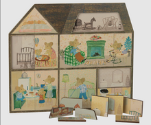 Load image into Gallery viewer, Vintage wooden house-shaped toy with illustrated rooms on a white background