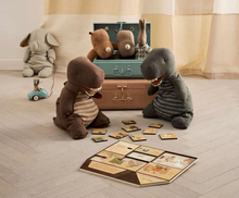 Load image into Gallery viewer, Plush toys on a wooden floor with a suitcase and board game