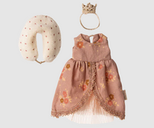 Load image into Gallery viewer, Dress with floral pattern, headband, and toy on a light gray background