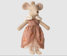 Load image into Gallery viewer, Stuffed mouse toy wearing a pink dress with floral patterns and a crown on a light gray background