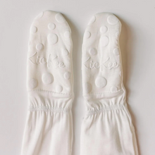 Load image into Gallery viewer, Pair of white footies with 'Kickee' branding on a light gray background