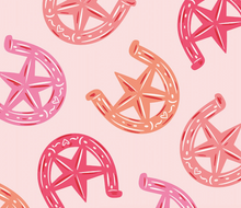 Load image into Gallery viewer, Pattern of pink and orange horseshoes and stars on a pink background