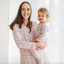 Load image into Gallery viewer, Woman and child wearing matching pajamas with a white background