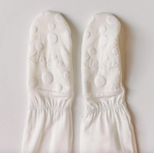 Load image into Gallery viewer, White footies with 'Kickee' branding on a light gray background