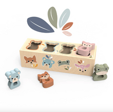 Load image into Gallery viewer, Wooden toy with animal-shaped blocks and a box on a white background