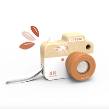 Load image into Gallery viewer, Wooden camera with orange accents on a white background