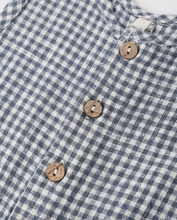 Load image into Gallery viewer, Close-up of a blue and white checkered shirt with wooden buttons.