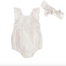 Load image into Gallery viewer, Baby romper with ruffled sleeves and matching headband on a white background