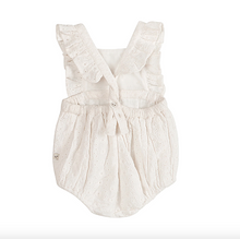 Load image into Gallery viewer, White baby romper with ruffled straps on a white background