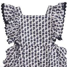 Load image into Gallery viewer, Navy floral dress with ruffled sleeves on a white background